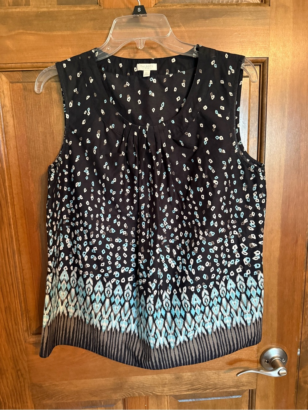 Talbots Black Sleeveless Top with Aqua & White Border Print